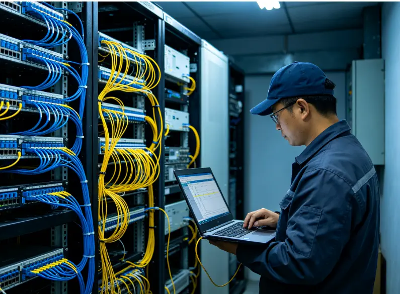 Engineer maintaining a fiber transmission network