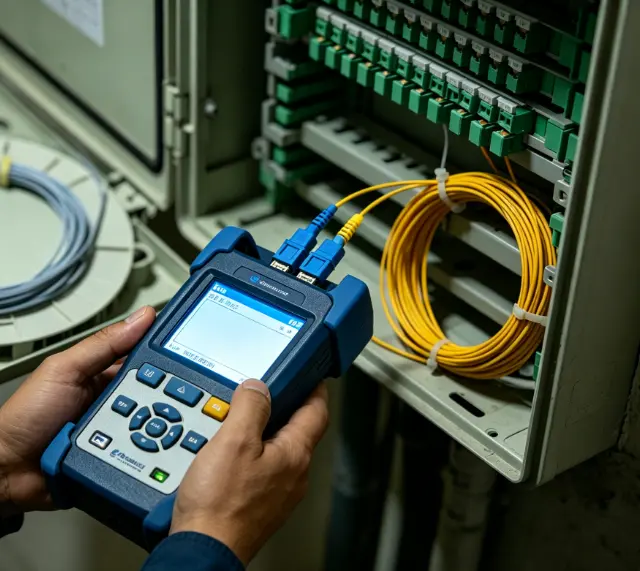Engineer testing fiber network performance